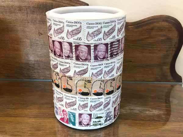Postage Stamp Decoupage Container - Stamps in Rows