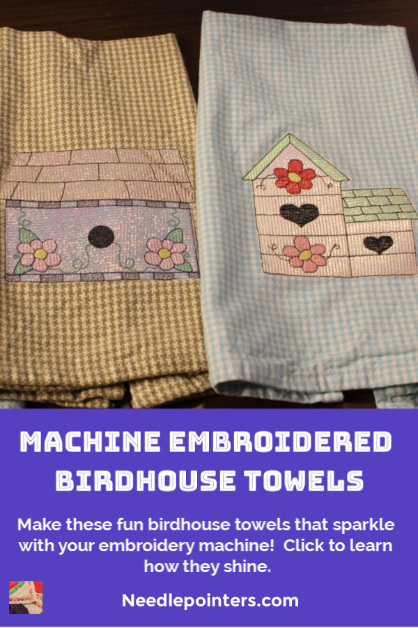 Machine Embroidered Birdhouse Kitchen Towels - pin