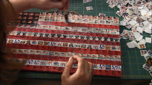 Patriotic Postage Stamp Flag Plaque - Mod Podge Over Tissue Paper