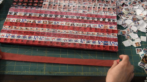 Patriotic Postage Stamp Flag Plaque - Red Tissue Paper