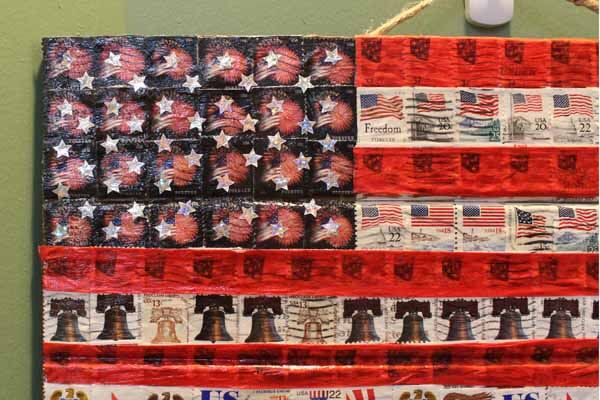 Patriotic Postage Stamp Flag Plaque Star Field - Closeup