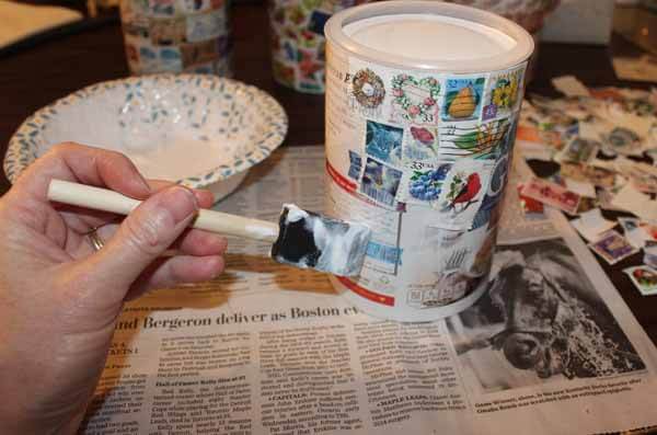 Postage Stamp Decoupage Container - Apply Mod Podge
